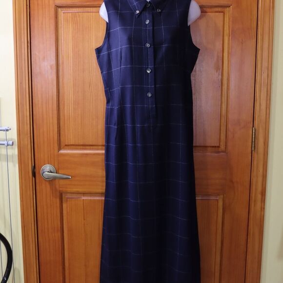 Mr & Mrs MacLeod Vintage Navy Blue Windowpane Plaid Maxi Dress Wool Cashmere - Picture 2 of 15